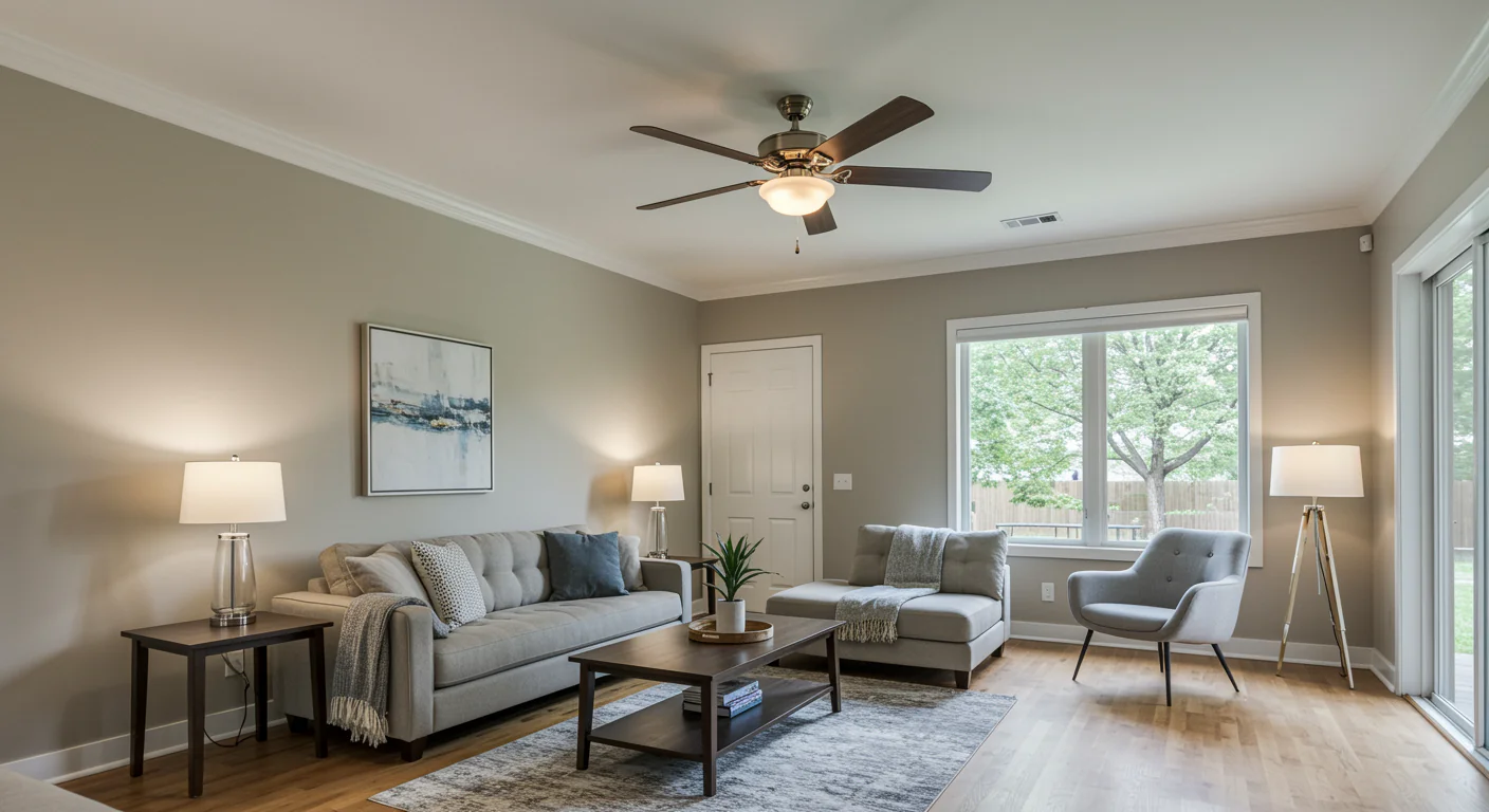 Finished ceiling fan installation in a bright living room with smooth ceiling and fresh paint by handyman service