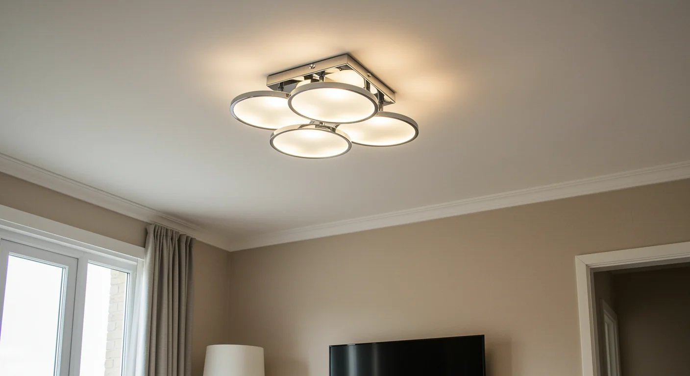 Completed modern light fixture installation in a living room, featuring a clean ceiling and soft lighting by a professional handyman